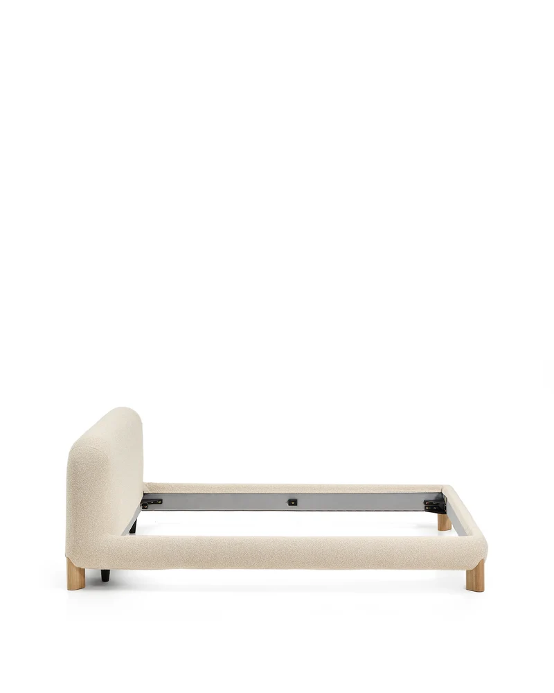 Odina ecru bouclé bed with removable cover and solid ash wood legs with natural finish for 160 x 200cm mattress