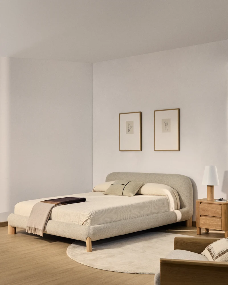 Odina ecru bouclé bed with removable cover and solid ash wood legs with natural finish for 160 x 200cm mattress