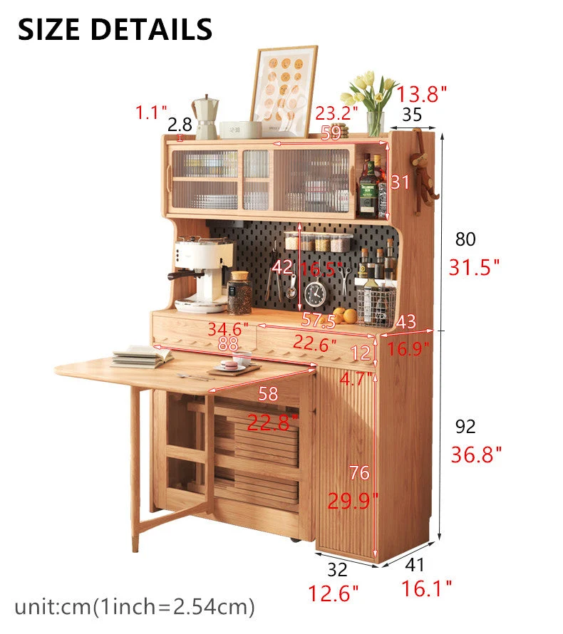 Table de salle à manger à double abattant avec armoire huche en panneau perforé