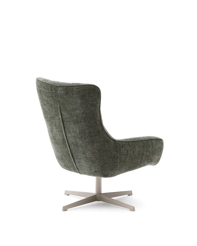 Teryl swivel green chenille armchair with grey-finished metal, FSC 100%