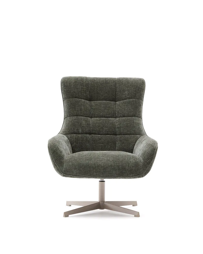 Teryl swivel green chenille armchair with grey-finished metal, FSC 100%