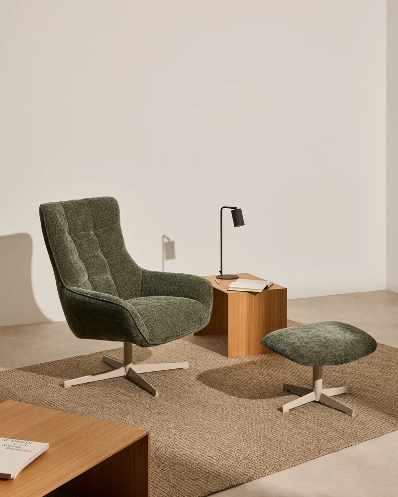 Teryl swivel green chenille armchair with grey-finished metal, FSC 100%