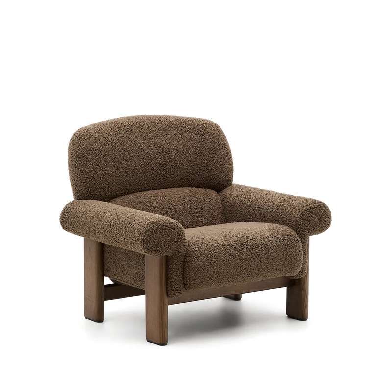 Nema armchair in taupe bouclé with solid ash wood legs in a walnut finish FSC 100%