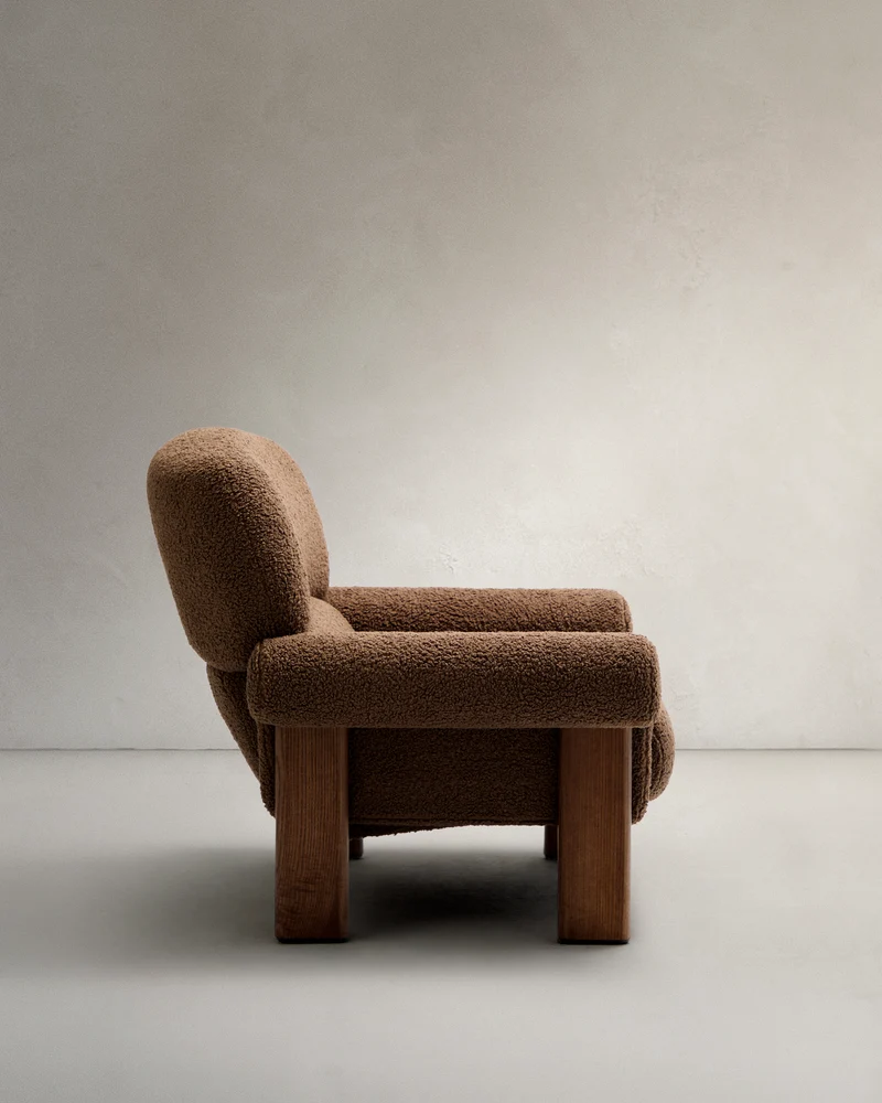 Nema armchair in taupe bouclé with solid ash wood legs in a walnut finish FSC 100%