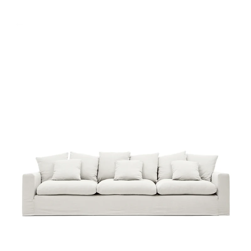 Nora 4-seater sofa with removable cover with linen and cotton cushions in ecru 340cm