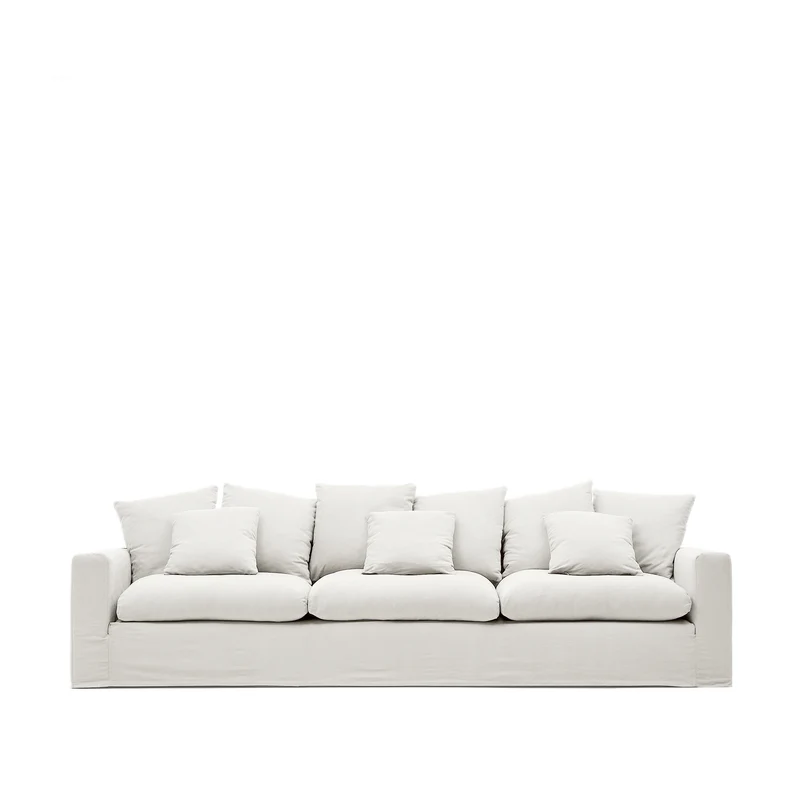 Nora 4-seater sofa with removable cover with linen and cotton cushions in ecru 340cm
