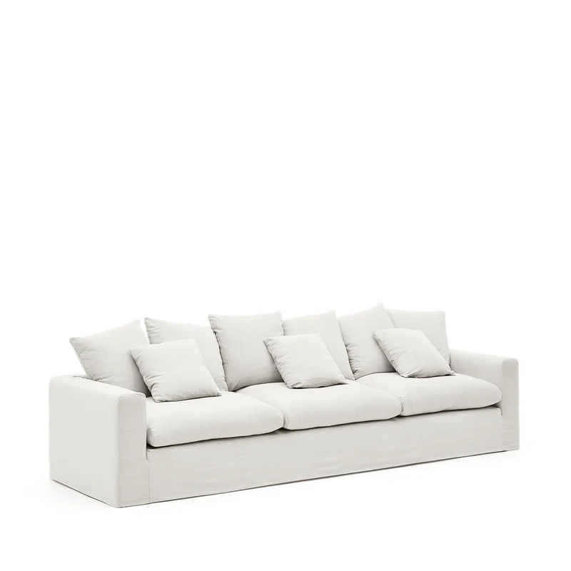 Nora 4-seater sofa with removable cover with linen and cotton cushions in ecru 340cm