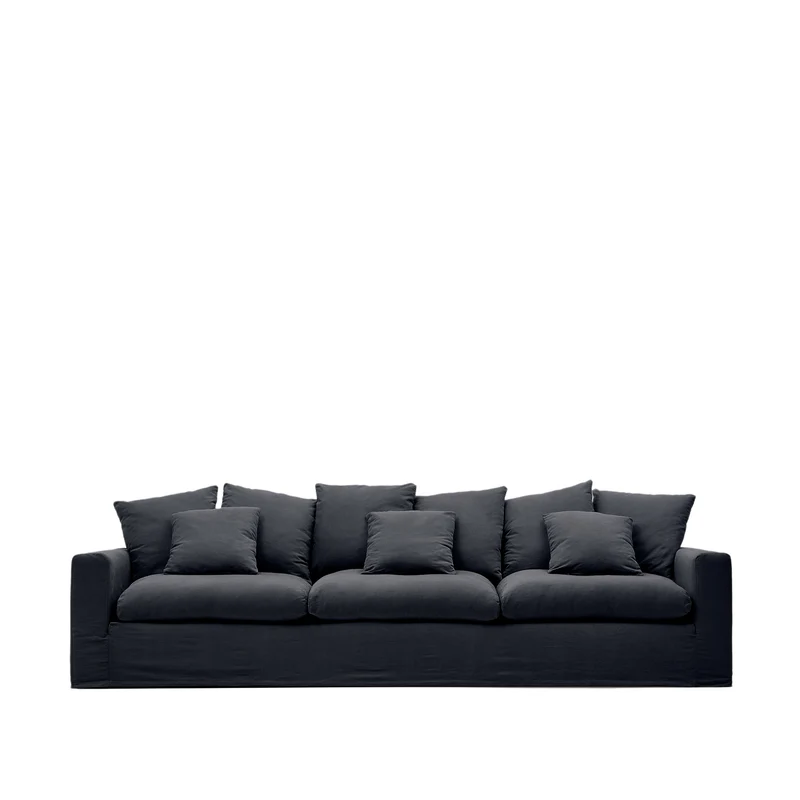 Nora 4-seater sofa with removable cover with linen and cotton cushions in anthracite grey 340cm