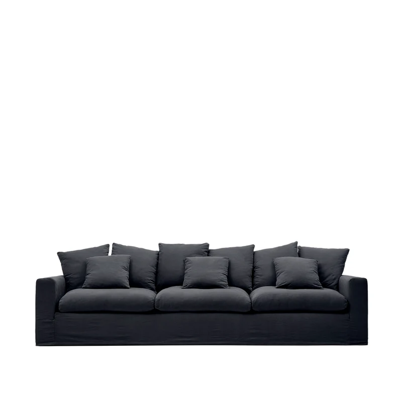 Nora 4-seater sofa with removable cover with linen and cotton cushions in anthracite grey 340cm