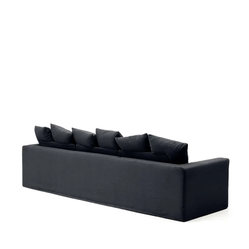 Nora 4-seater sofa with removable cover with linen and cotton cushions in anthracite grey 340cm