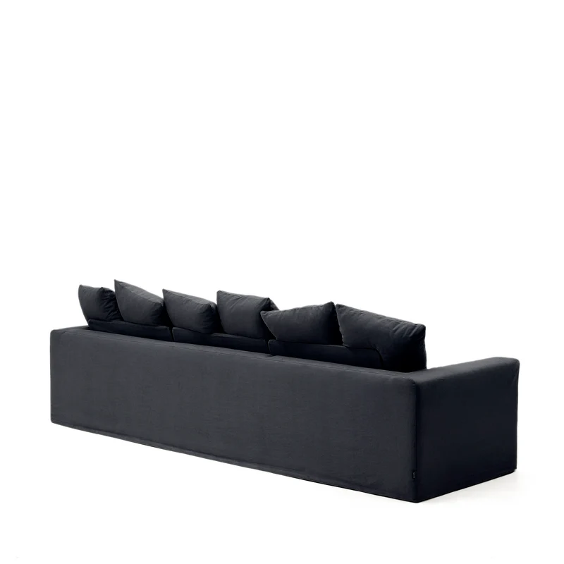 Nora 4-seater sofa with removable cover with linen and cotton cushions in anthracite grey 340cm