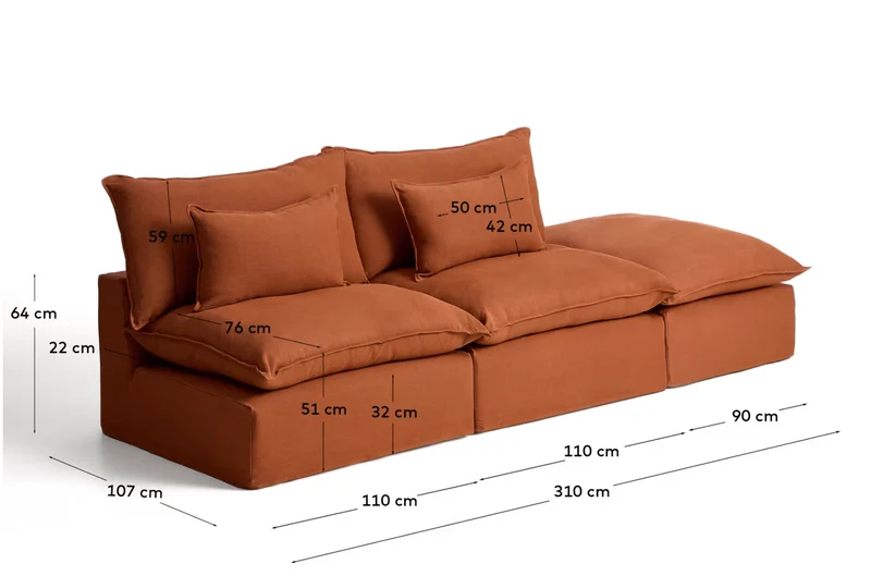 Anarela terracotta linen 3-seater modular sofa with end module and removable cover 310cm FSC Mix Credit