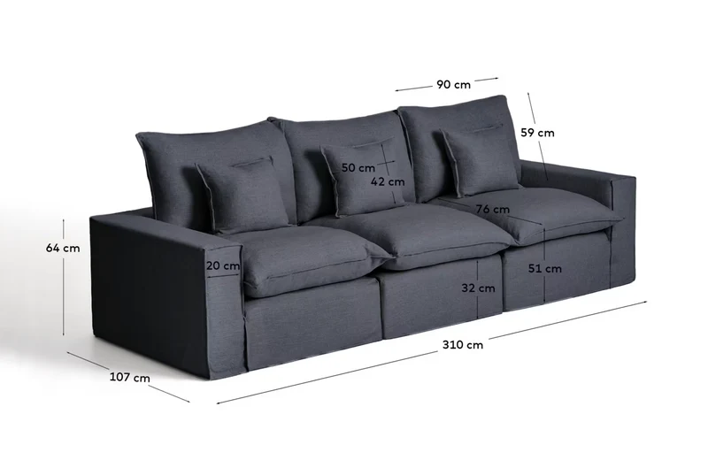 Anarela dark grey linen and viscose 3-seater modular sofa with removable cover 310cm FSC Mix Credit