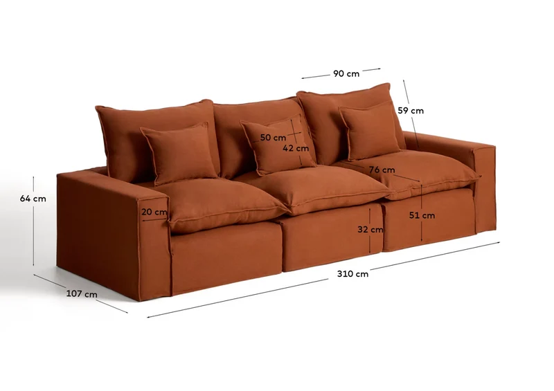 Anarela terracotta linen 3-seater modular sofa with removable cover 310cm FSC Mix Credit