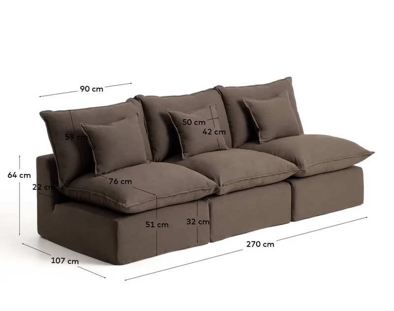 Anarela taupe linen 3-seater modular sofa with removable cover 270cm FSC Mix Credit