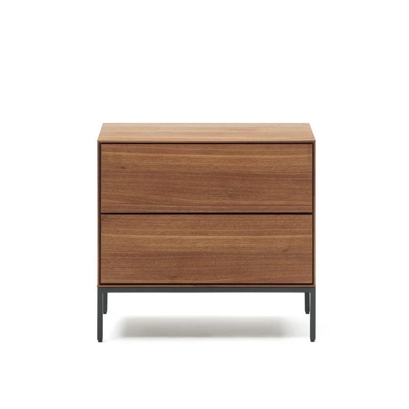 Vedrana bedside table, 2 walnut veneer drawers, and black steel legs, 60 x 55 cm