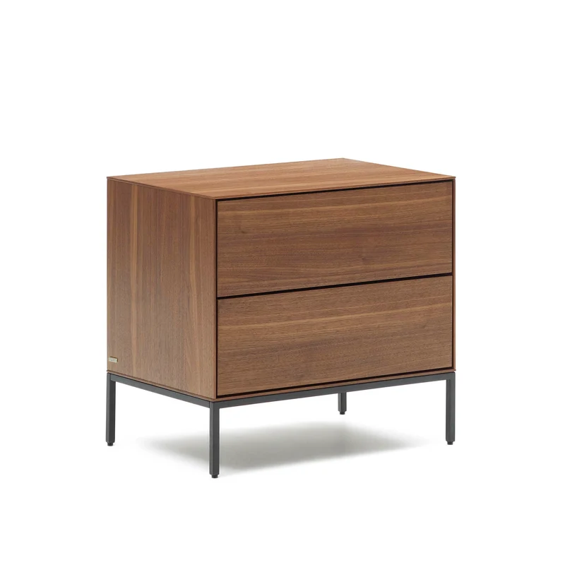 Vedrana bedside table, 2 walnut veneer drawers, and black steel legs, 60 x 55 cm