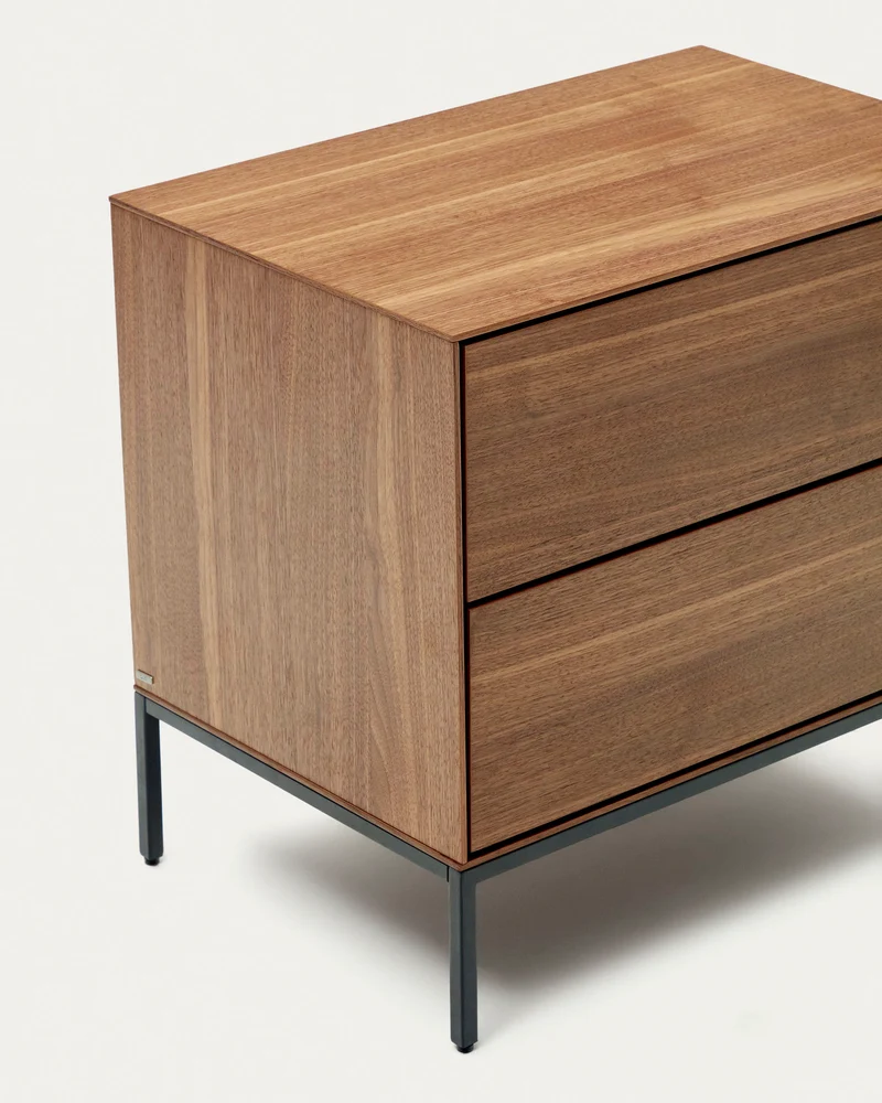 Vedrana bedside table, 2 walnut veneer drawers, and black steel legs, 60 x 55 cm