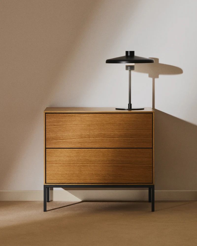 Vedrana beside table, 2 oak veneer drawers, and black steel legs, 60 x 55 cm