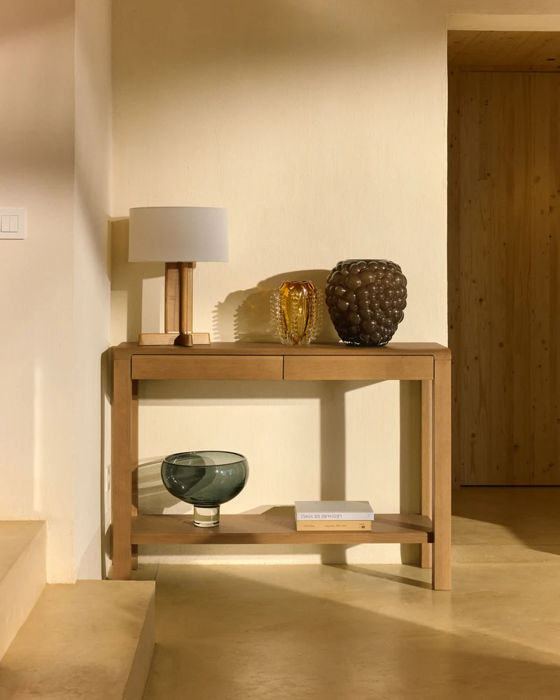 Arelida console table made of oak veneer and solid oak wood with light brown finish 112 x 80 cm FSC Mix Credit