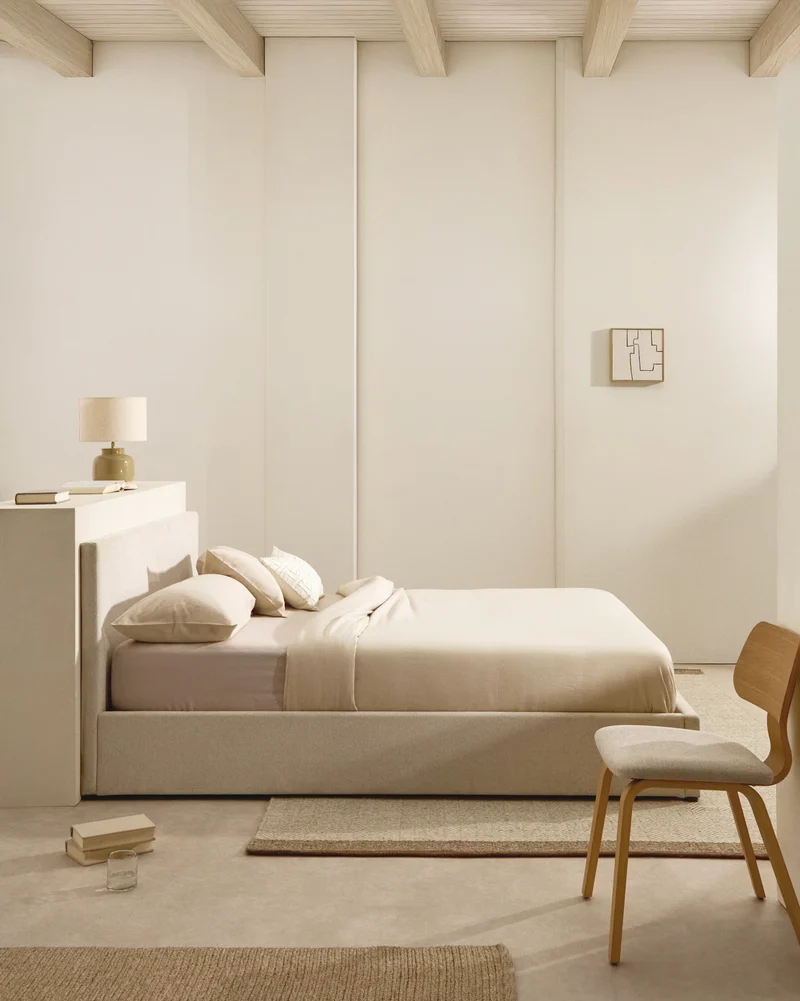 Nahiri beige chenille lift-up storage bed for a 180 x 200 cm mattress