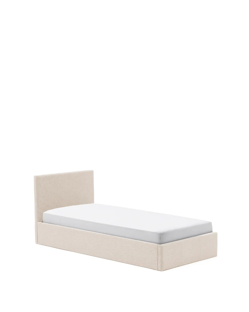 Nahiri beige chenille lift-up storage bed for a 90 x 200 cm mattress