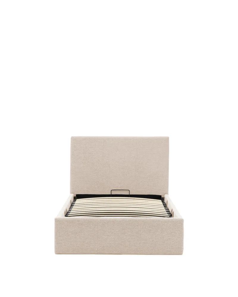 Nahiri beige chenille lift-up storage bed for a 90 x 200 cm mattress