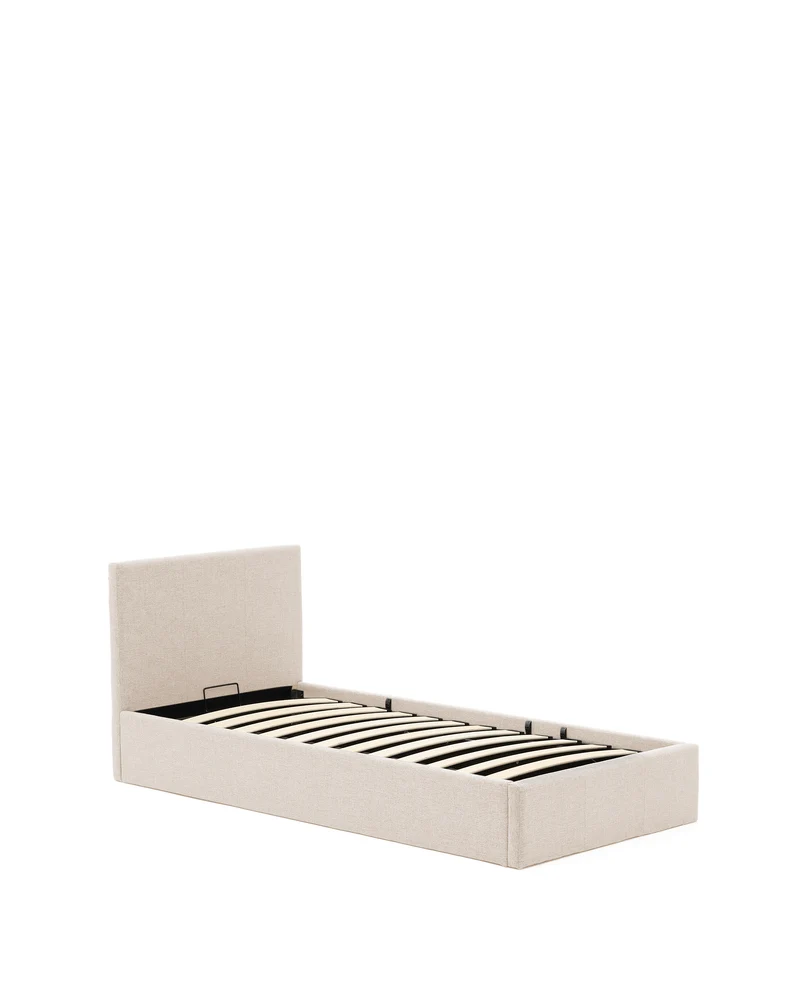 Nahiri beige chenille lift-up storage bed for a 90 x 200 cm mattress