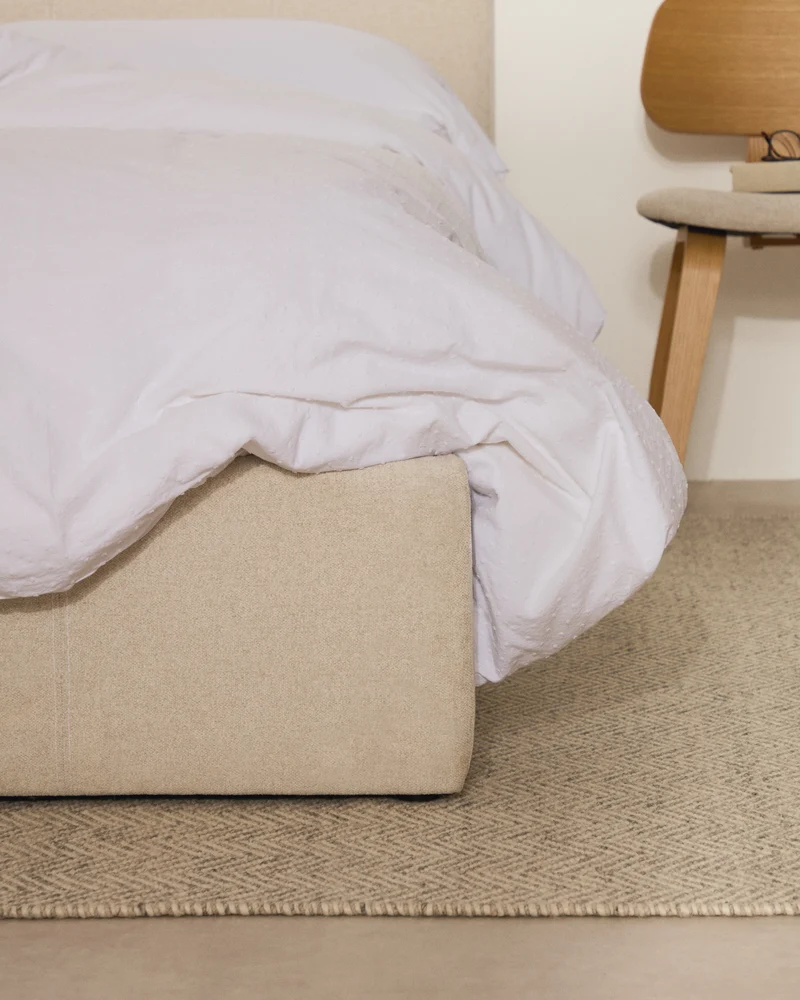 Nahiri beige chenille lift-up storage bed for a 90 x 200 cm mattress