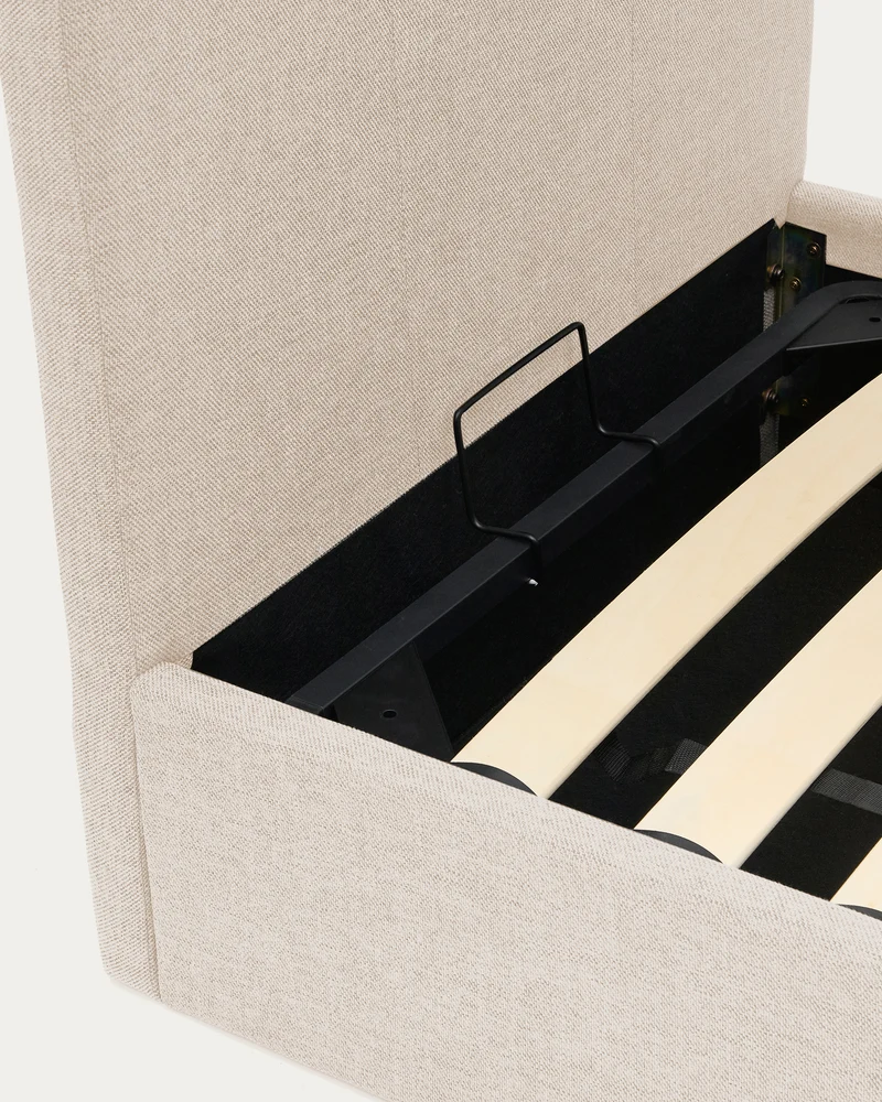 Nahiri beige chenille lift-up storage bed for a 90 x 200 cm mattress