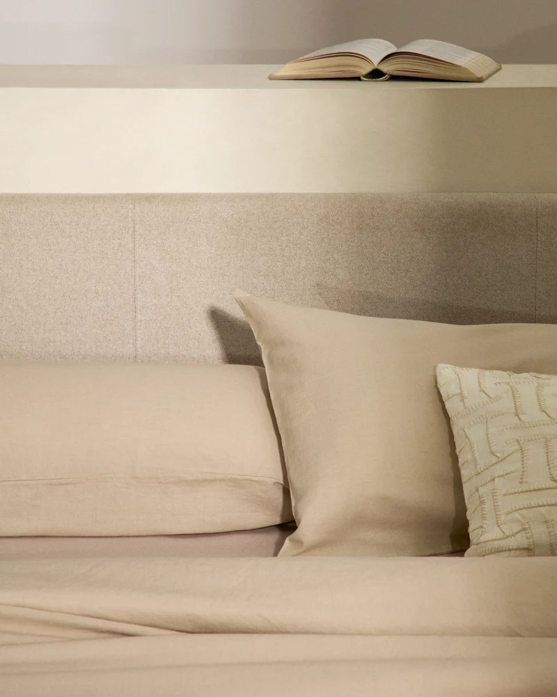 Nahiri beige chenille lift-up storage bed for a 160 x 200 cm mattress