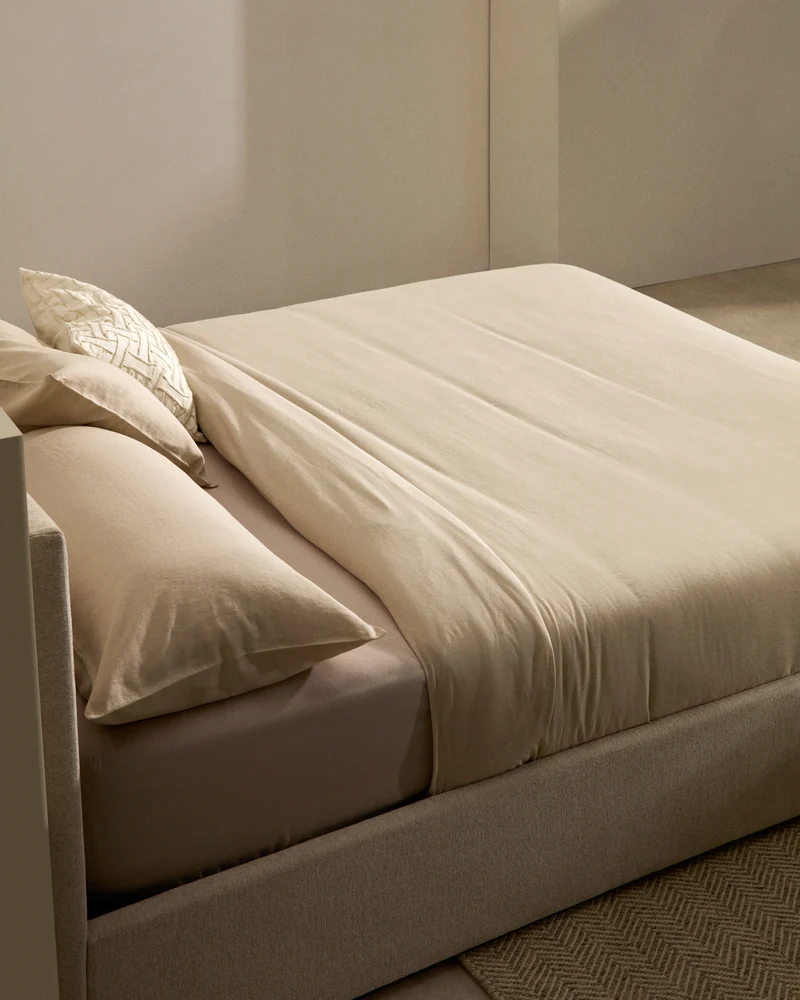 Nahiri beige chenille lift-up storage bed for a 160 x 200 cm mattress