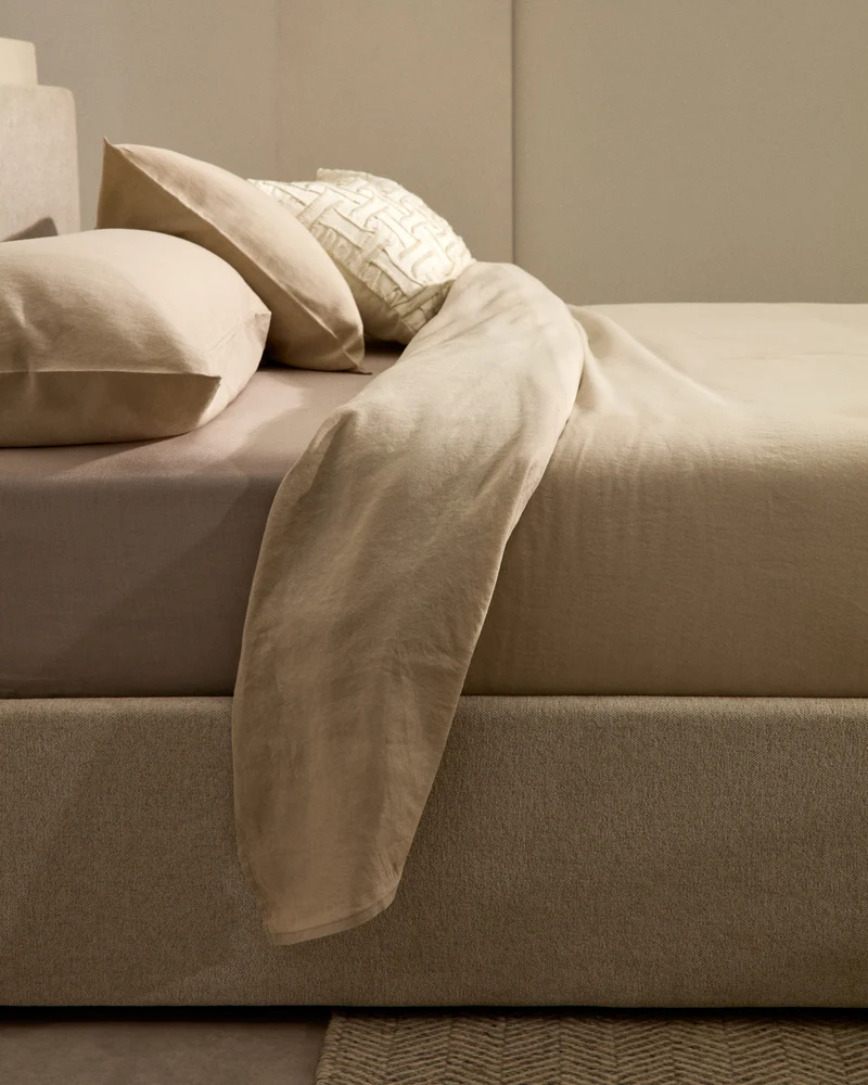 Nahiri beige chenille lift-up storage bed for a 160 x 200 cm mattress