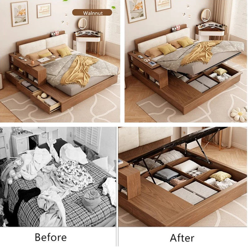 Lit de rangement relevable avec bureau et tiroirs rotatifs