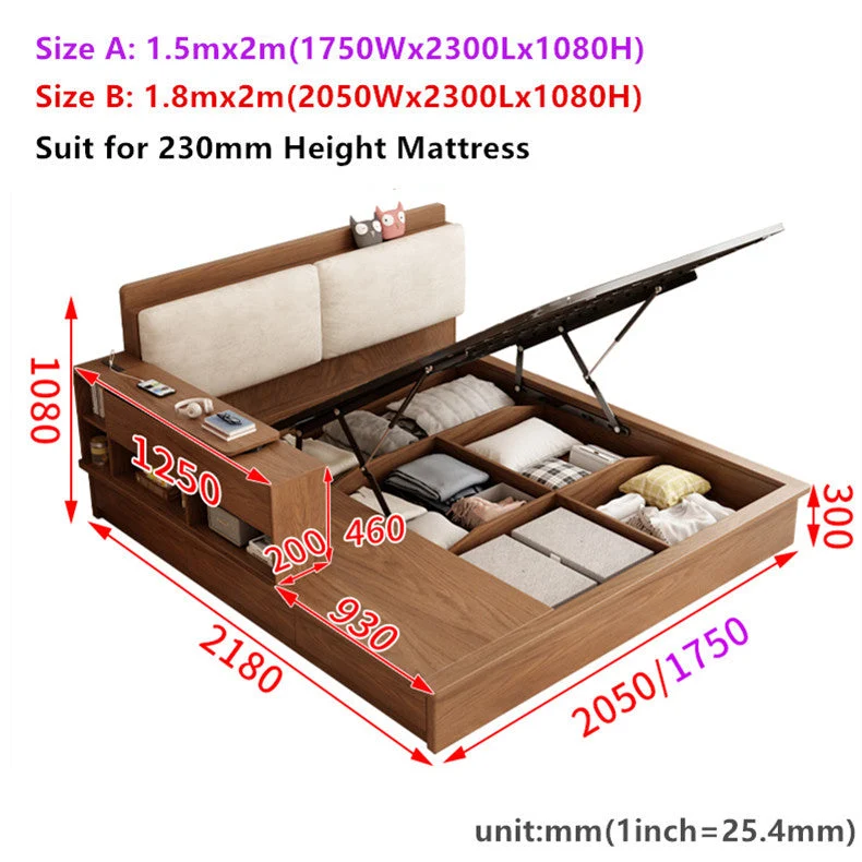 Lit de rangement relevable avec bureau et tiroirs rotatifs
