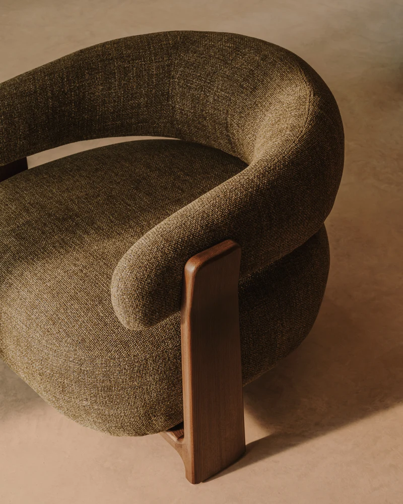 Granite green chenille armchair with solid ash wood legs in a walnut finish FSC 100%