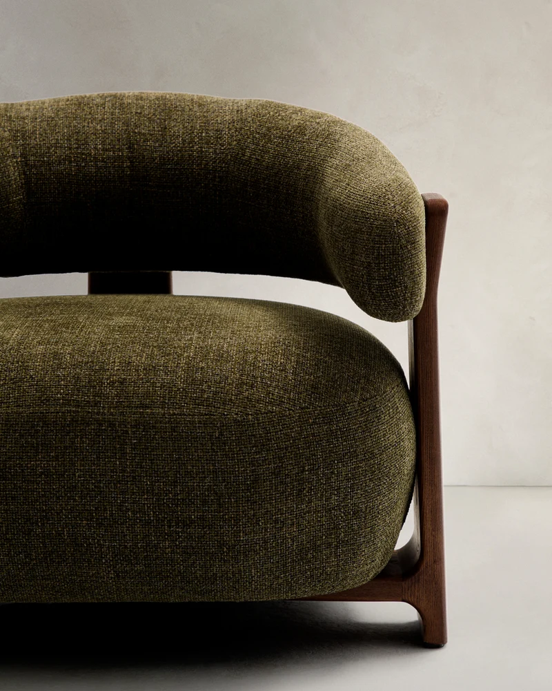 Granite green chenille armchair with solid ash wood legs in a walnut finish FSC 100%
