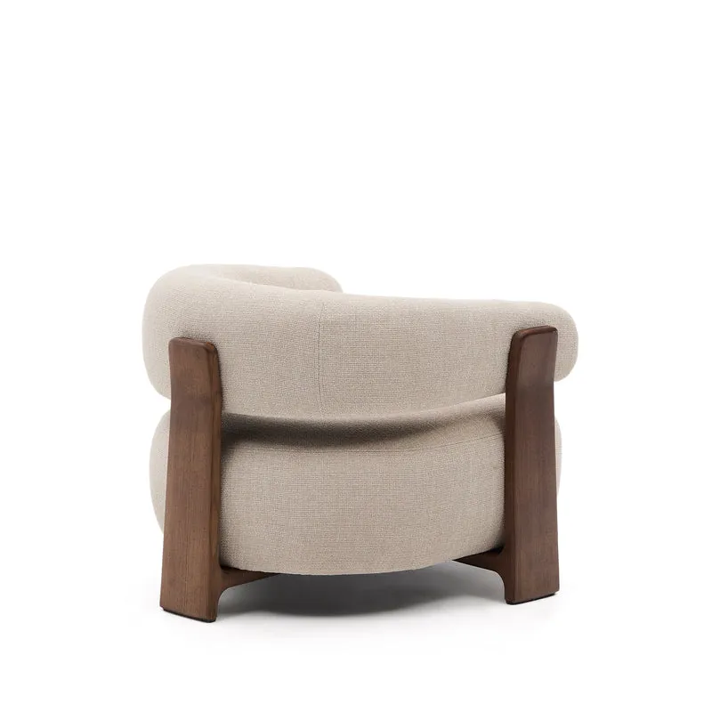 Granite beige chenille armchair with solid ash wood legs in a walnut finish FSC 100%