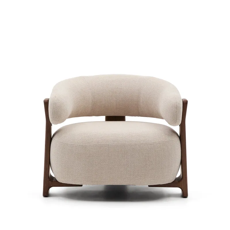 Granite beige chenille armchair with solid ash wood legs in a walnut finish FSC 100%