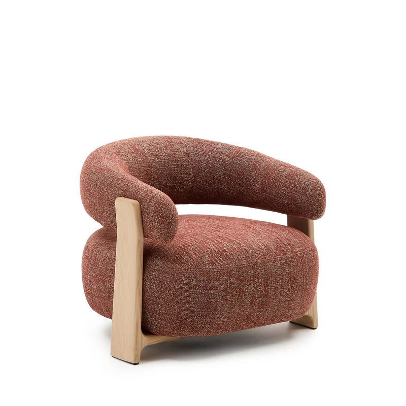 Granite terracotta chenille armchair with solid ash wood legs in a natural tone finish FSC 100%
