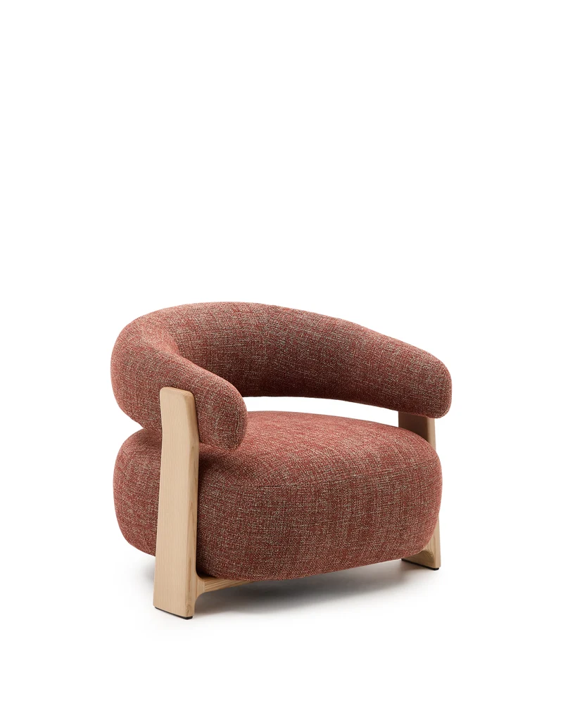 Granite terracotta chenille armchair with solid ash wood legs in a natural tone finish FSC 100%