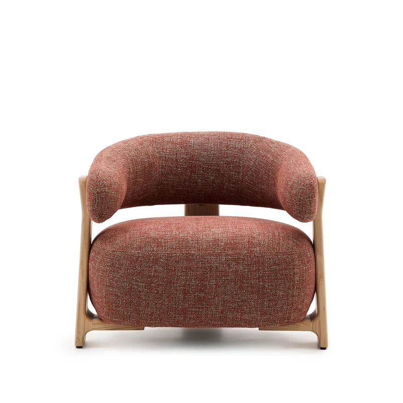 Granite terracotta chenille armchair with solid ash wood legs in a natural tone finish FSC 100%