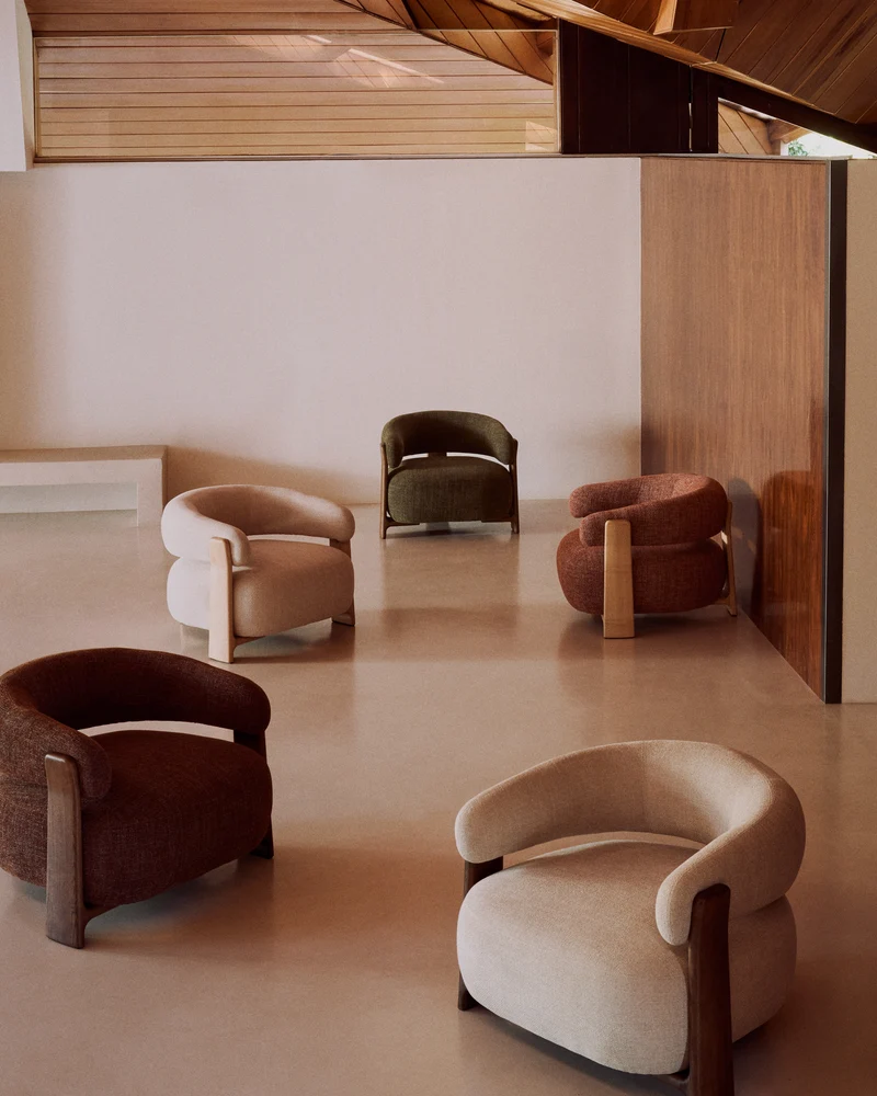 Granite terracotta chenille armchair with solid ash wood legs in a natural tone finish FSC 100%