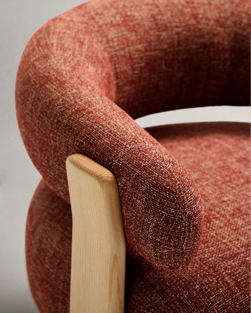 Granite terracotta chenille armchair with solid ash wood legs in a natural tone finish FSC 100%