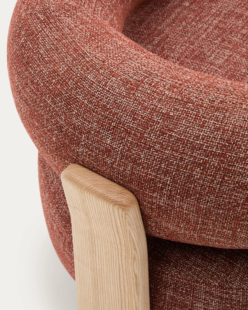 Granite terracotta chenille armchair with solid ash wood legs in a natural tone finish FSC 100%