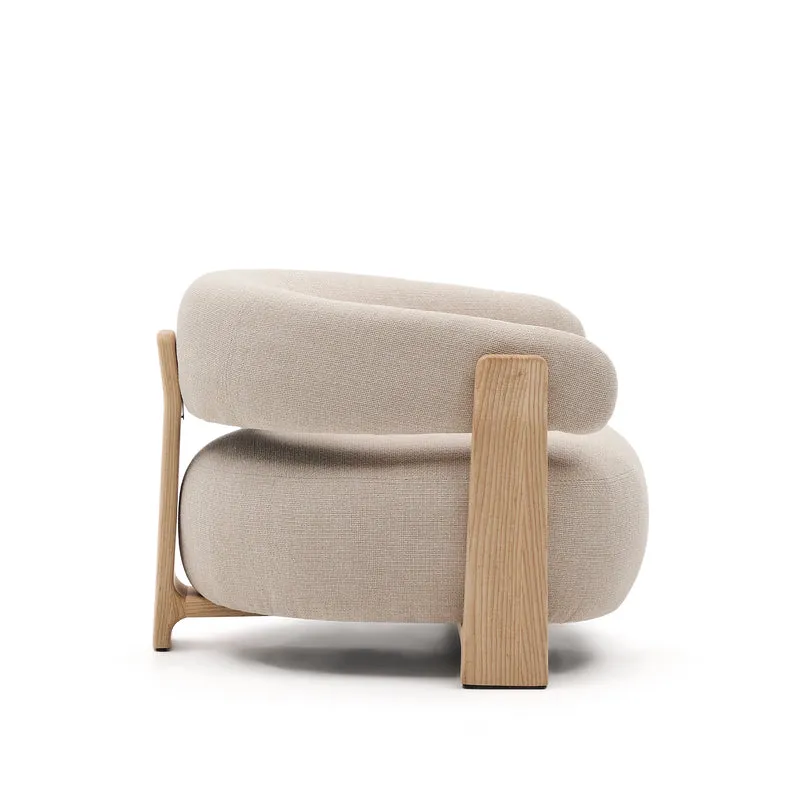 Granite beige chenille armchair with solid ash wood legs in a natural tone finish FSC 100%