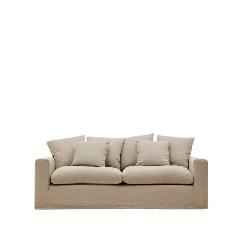 Nora 3-seater sofa with removable cover with linen and cotton cushions in taupe 240cm