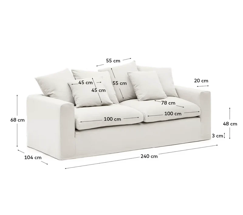 Nora 3-seater sofa with removable cover with linen and cotton cushions in ecru 240cm