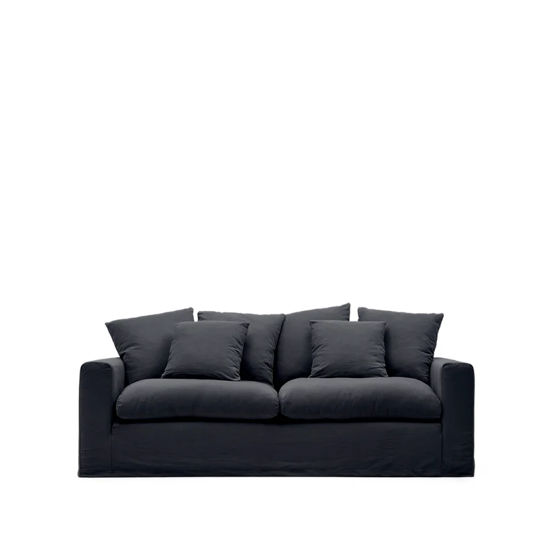 Nora 3-seater sofa with removable cover with linen and cotton cushions in anthracite grey 240cm