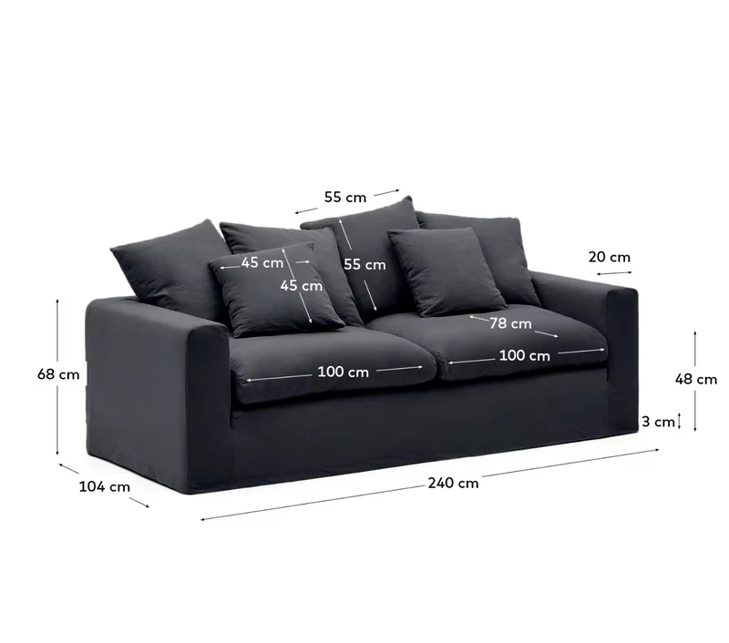 Nora 3-seater sofa with removable cover with linen and cotton cushions in anthracite grey 240cm